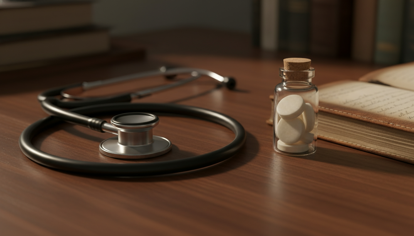 Stethoscope on a walnut desk with a leather notebook